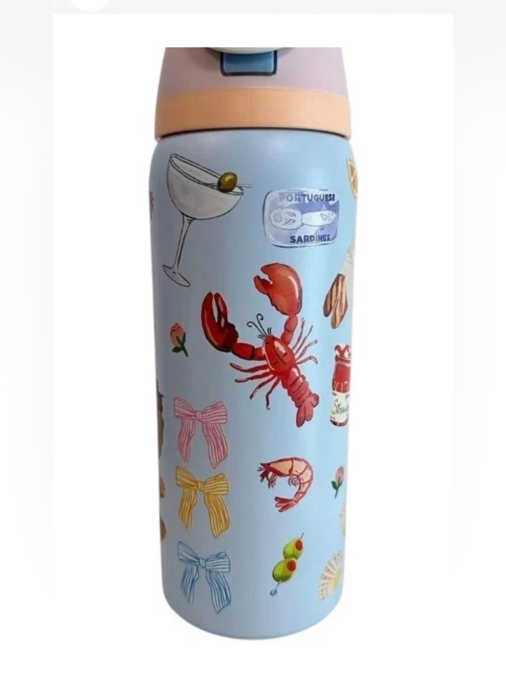 Owala Stainless Travel Tumbler 32oz Lobster & Cocktail Print picnic Light Blue